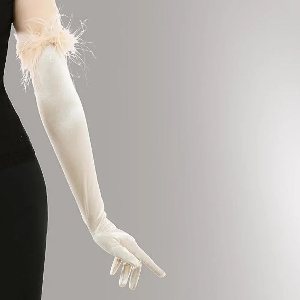 Women's Evening Cream Feather Long Satin Gloves Stretchy Elbow Halloween Costume